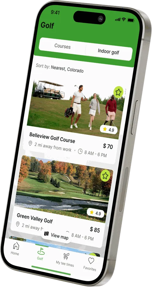 The VITee app showing nearby Colorado courses with ratings, distance and price